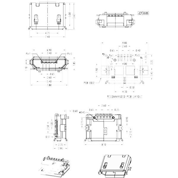 10-pack Micro USB Typ B Honkontakt 180 Grader 5-polig SMD SM
