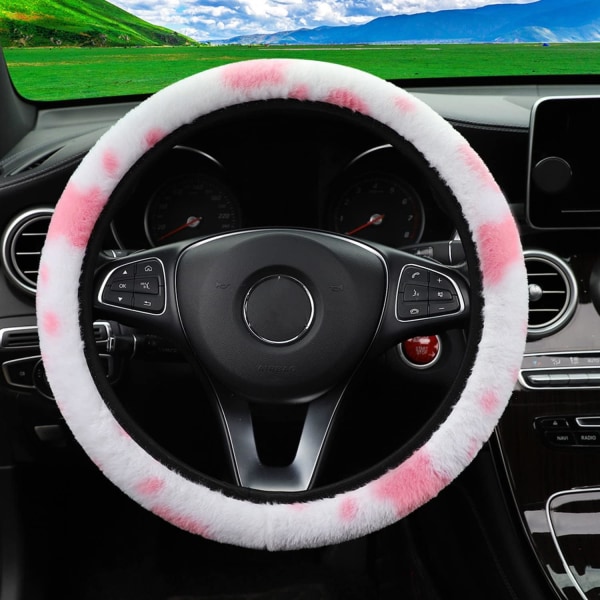 Pink Cow Print Plush Steering Wheel Cover Fluffy Winter Warm Univ