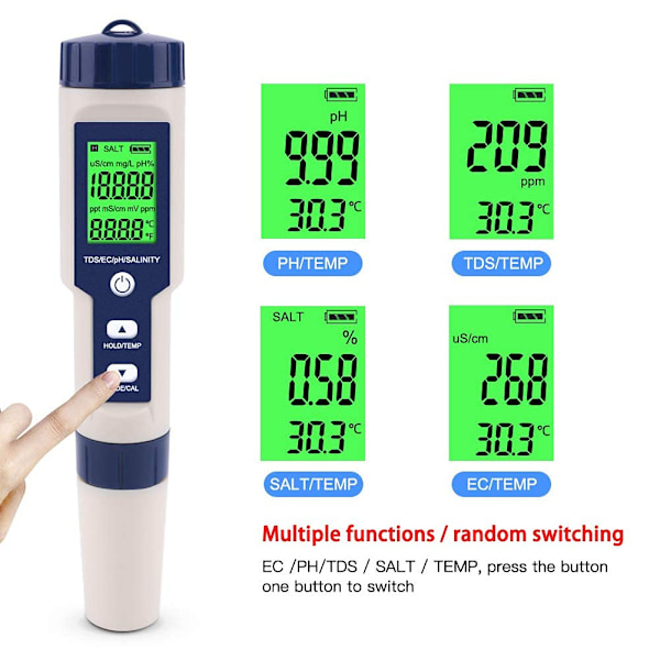 Elektronisk PH-Meter Tester, 5 i 1 PH-Tester Lommetermometer W