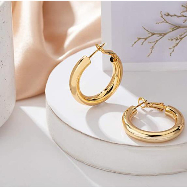 Guld Chunky Hoop Örhänge Set Kvinnor Hypoallergena Tjocka Ope DXGHC