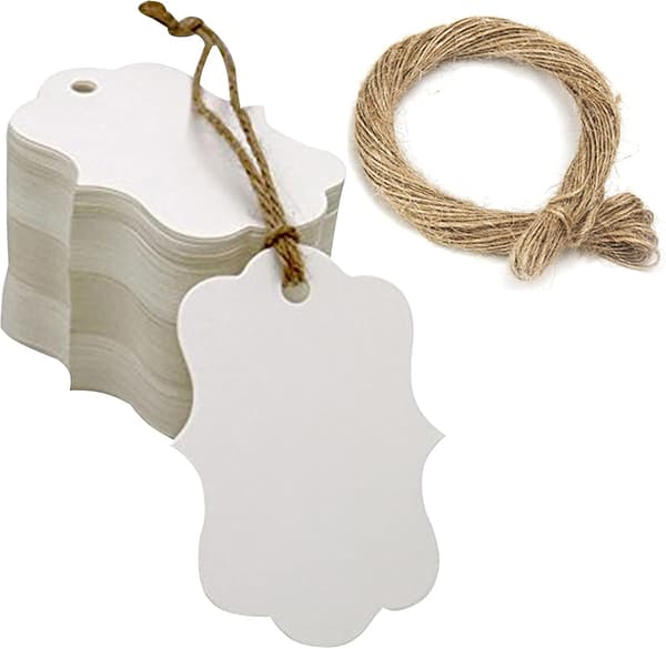 100 stk. Kraftpapir Tags Gavetags 3x5cm med Jutegarn til Bryllup