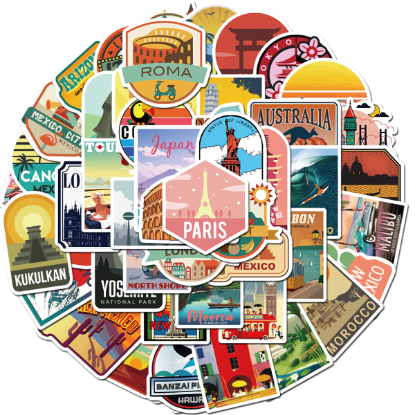 Travel Maps Decal Sticker Set 50 delar, vintage vinyletiketter Sti