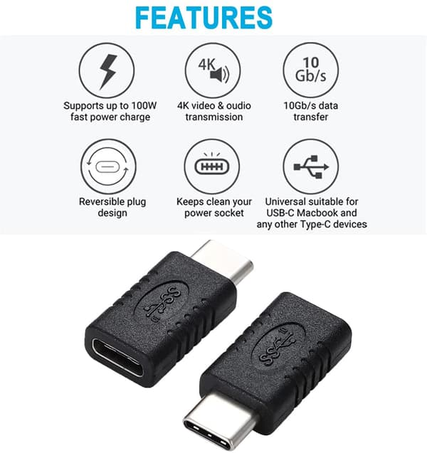 2 stycken USB-C hane till hona adapter, USB 3.1 Typ-C förlängning DXGHC