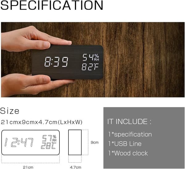 LED Digital Väckarklocka Luftfuktighet Datum Temperatur Trälook Dekor