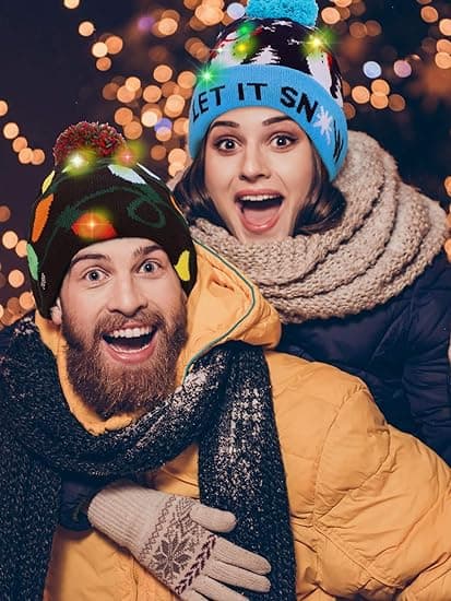2 Stykker Jule LED Lysende Beanie Hat Ugly Sweater Strikket Hat