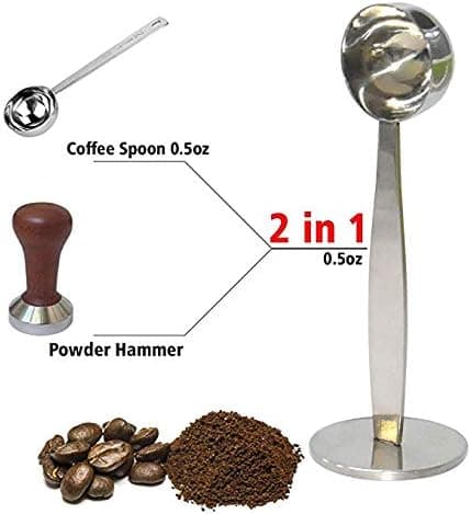 Sølv espressoskje og tampende kaffemåleskje Rustfritt