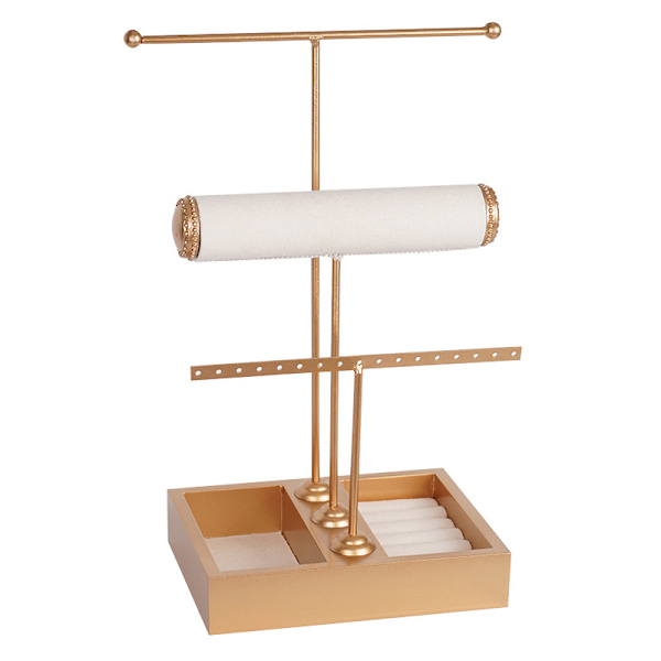 Elegant 3-lags T-formet antikvitetsbronze smykkedisplaystativ til halskæder, armbånd og ure (i guld)