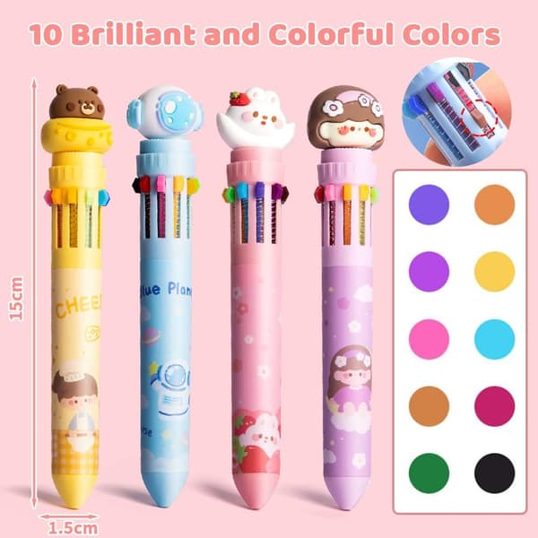 4 Multifargede Retraktable Rollerball-penner, 10 Farger Pen 0,5 mm Patron