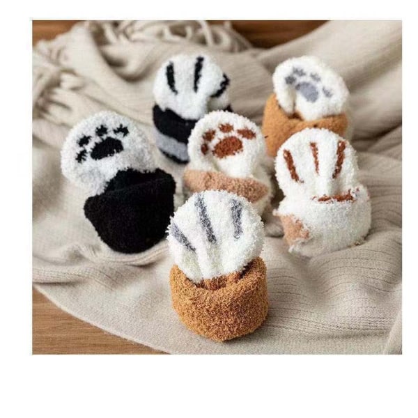 6 Par Söta Kattpåtassar Strumpor Kvinnor Vinter Fuzzy Cozy Plush Tofflor