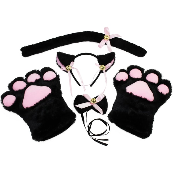 (Svart) Katt Cosplay Set Plysch Klorhandskar Svans Halsband Tassar Cut DXGHC