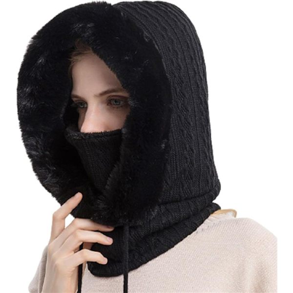 Vinterpälsmössa med Huva och Mask Set för Kvinnor 3-i-1 Stickad Fleecefodrad