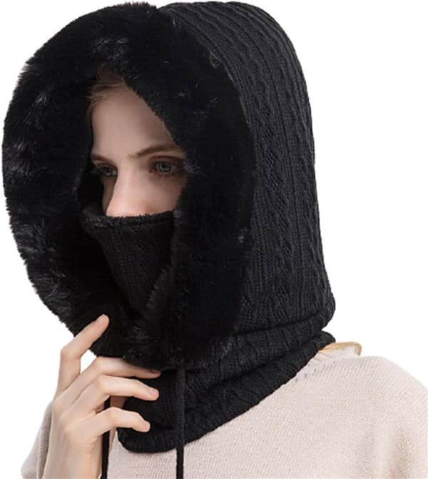 Vinterpelshat med hætte og maske sæt til kvinder 3 i 1 strikket fleece L