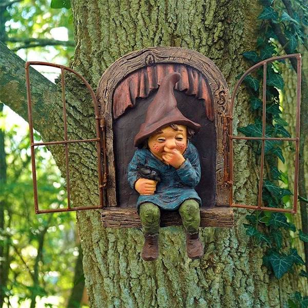 Puutarhan kääpiöpatsas, Elf Out The Door Tree Hugger -5.9 tuumaa, hauska puutarhan puun koriste, terassin pihan nurmikon verannan koriste