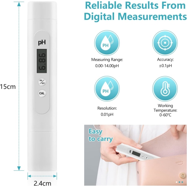 Elektronisk pH-Meter Tester, 0-14pH Måleområde, Høj Præcision