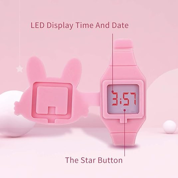 Barnklocka, Flickklocka Digital Söt Kaninform Rosa LED Mode
