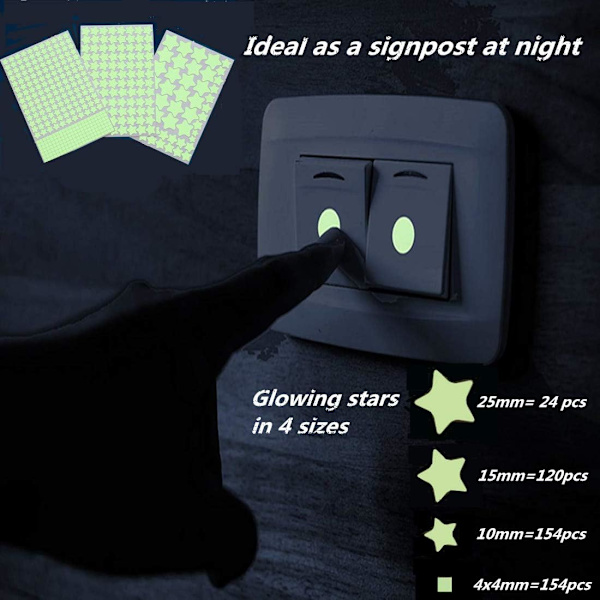 (452 stk, Grøn) Glow in The Dark Stars Wall Stickers, Glowing Stars for Ceiling and Wall Decals, 3D Glowing Stars,Exclud