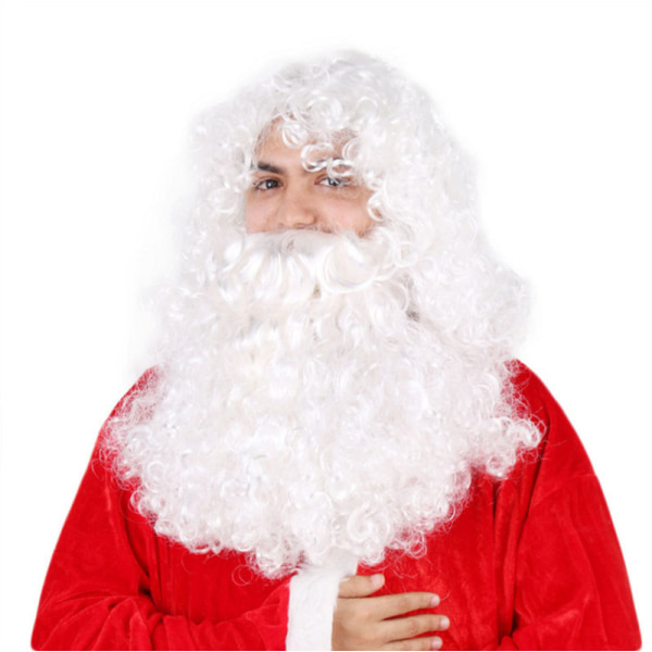 Hvitt langt krøllete hår, ferieparykker, julenisseparykker, falske skjegg