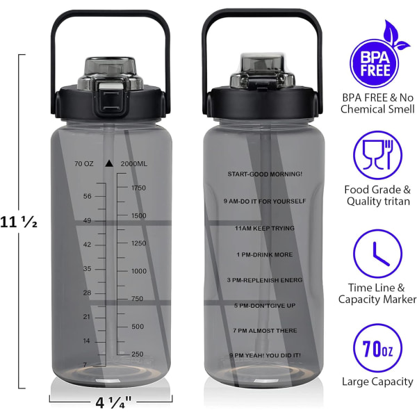 Puoli gallonan vesipullo hihnalla 64oz (2L) Inspiroiva vesipullo oljella ja aikaleimalla, vuotamaton juotava