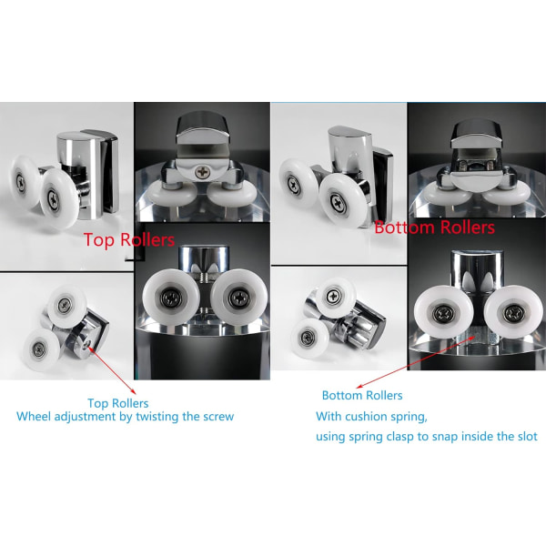 4 stk. Brusedørruller, 23 mm Skydedørruller, Udskiftningsruller til Brusedøre, 2xDobbelt Twin Top/Bund