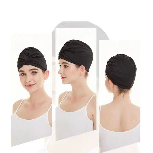 Svømmehætter til kvinder Svømning turban Polyester Latex foret Foldet til damer (sort)