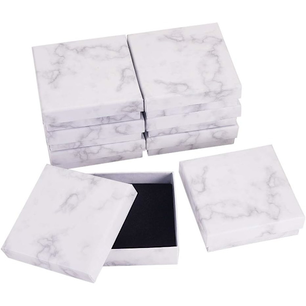 8-pack Kraft Kvadratiska Kartong Smyckeskrin Marmorvit Halsband P