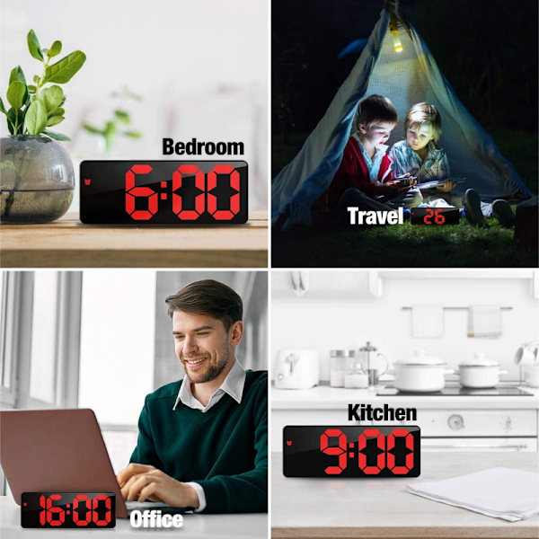 1 st digital väckarklocka med LED-display, spegelalarmklocka, batteridriven, pluggbar, dubbel användning, snooze, nattläge