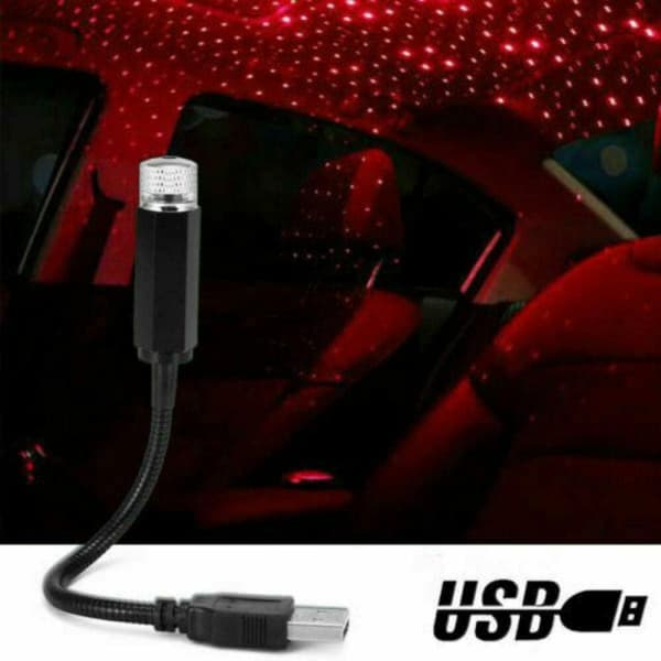 2 stk USB rød stjerne nattlys projektor, taklys i bil, m