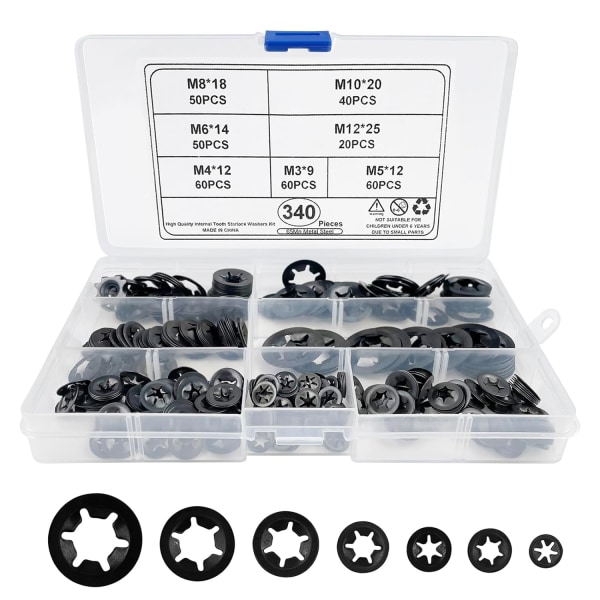 340 stk Metall Sikringsskiver, Universal Bred Starlock Skive, Intern
