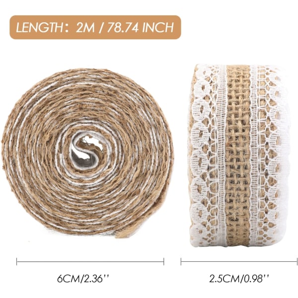 4 mönster jute spetsband, linnerulle 2,5 cm, 2 m varje rulle för