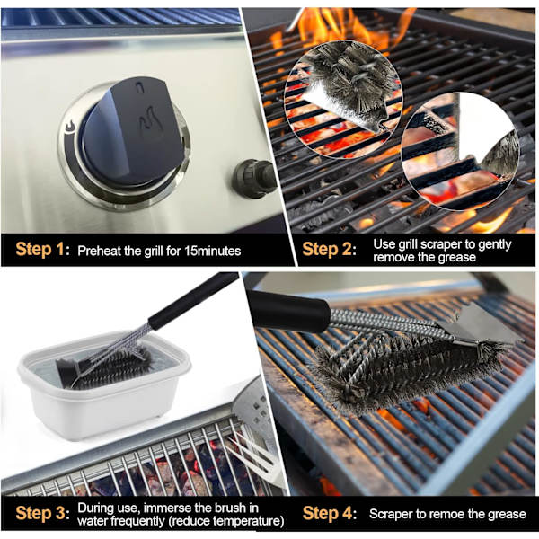 Grillbørste for Grill, 3 i 1 Trådbørste med Rustfritt Stål