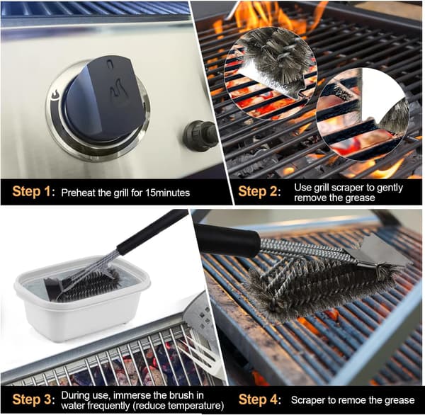 Grillbørste til grill, 3 i 1 trådrensningsbørste med rustfrit stål