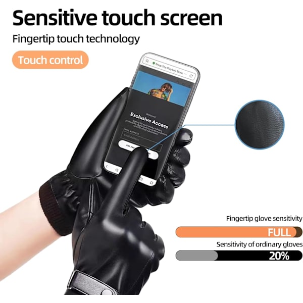 Læderhandsker til mænd, Vintervarme Touchscreen Motorhandsker Justerbare Sorte Bløde Handsker med Kæshmirforing - Termiske Gaver