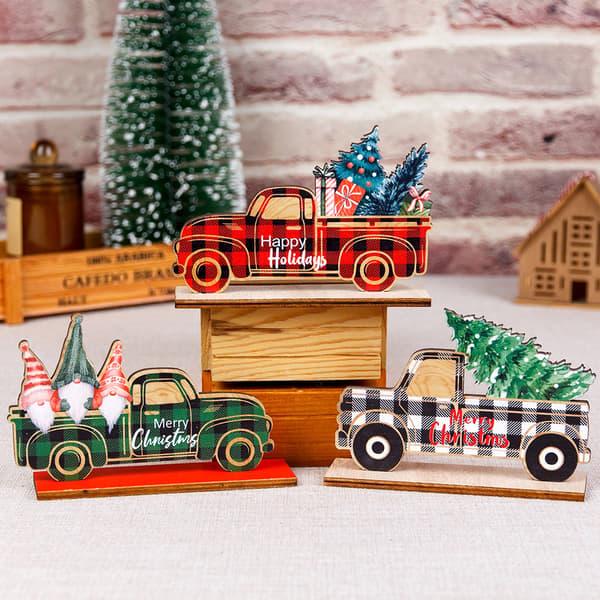 3 stk julepynt trebiler i tartan-stil pickup ta