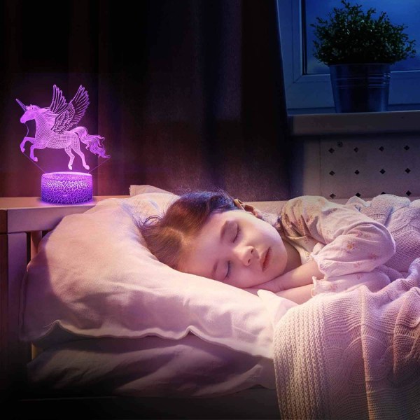 3D Unicorn nattlys for barn, jenter USB LED lampe illusjon natt