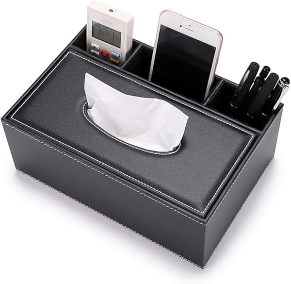 Rektangulär vävnadsdispenser i PU-läder med fjärrkontroll 3 fack