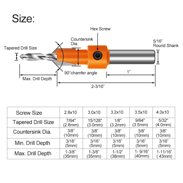 10 stk. 8 mm runde skaft Senkbor Bits Træ Senkbor