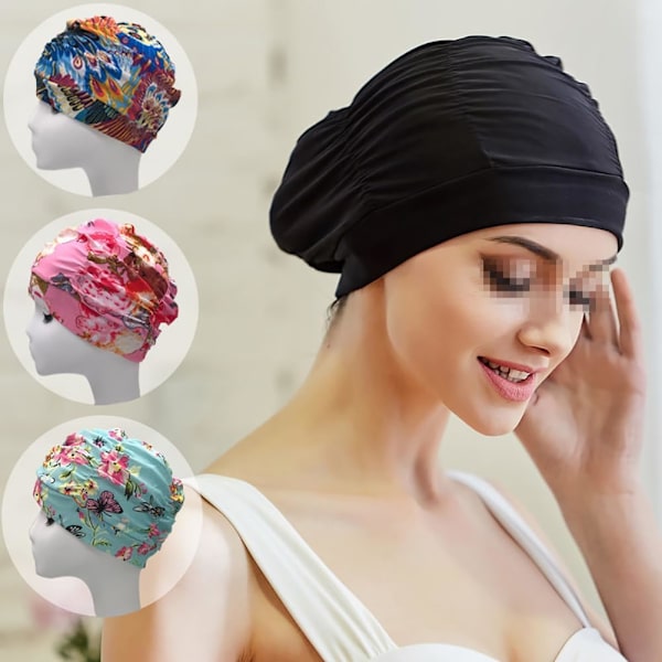 Dame plissert svømmehette Dame svømmehette Langt hår svømmehette Super elastisk badehette Strand surfehette Komfortabel