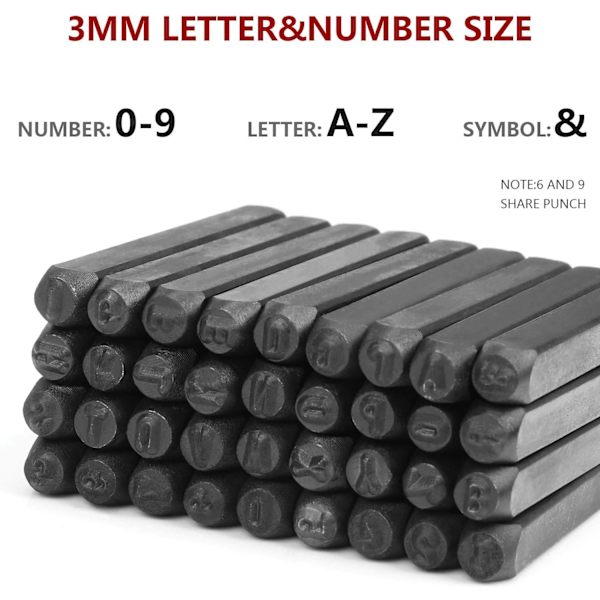 36 kappaleen metalli- ja nahkaleimat, 3 mm, aakkoskirjaimet ja numerot