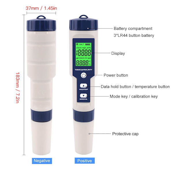 Elektronisk PH-Meter Tester, 5 i 1 PH-Tester Lommetermometer W