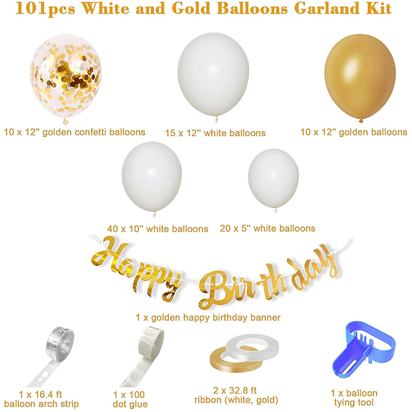 Ballonggirlangbågekit i vitt guld, 12 tum, 10 tum, 5 tum, Ballo