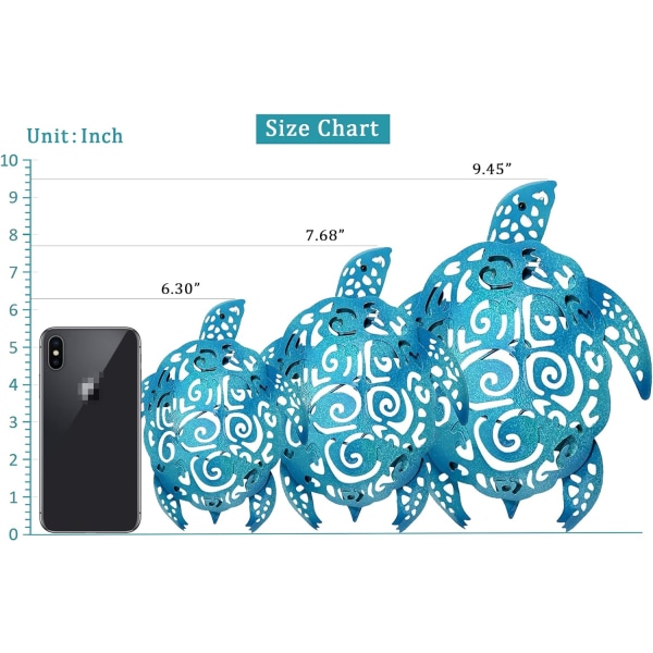 Sett med 3 metallhavs skilpadde strandtema veggdekorasjoner