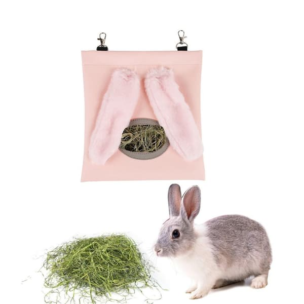Kanin foderpose i imiteret læder, hængende pose med kanin form, pink, til hamsterfoder,