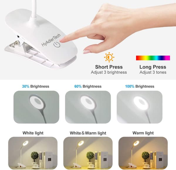 LED Bordlampe, USB Genopladelig Klips-Læselampe, 3 Lystilstande