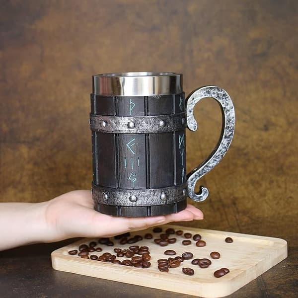 Middelalderlig Norsk Viking Eikevedd Ølkopp med Rustfritt Stål Kant
