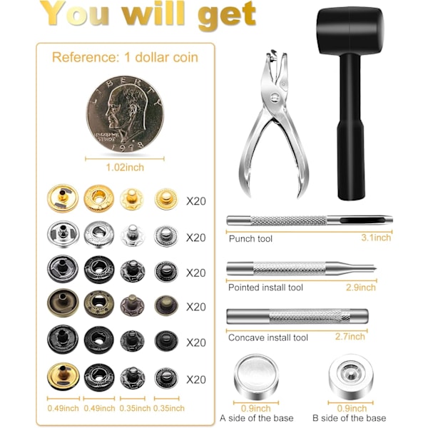 120 sett skinn trykknapper sett med hammer puncher, 12,5 mm metallknapp trykknapper trykknapper med 4 setterverktøy for Cl