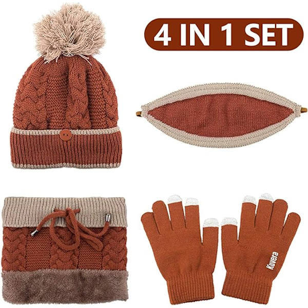 Hatt, hansker, skjerf og ansiktsmaske-sett for kvinner, damer og jenter - Strikket Beanie