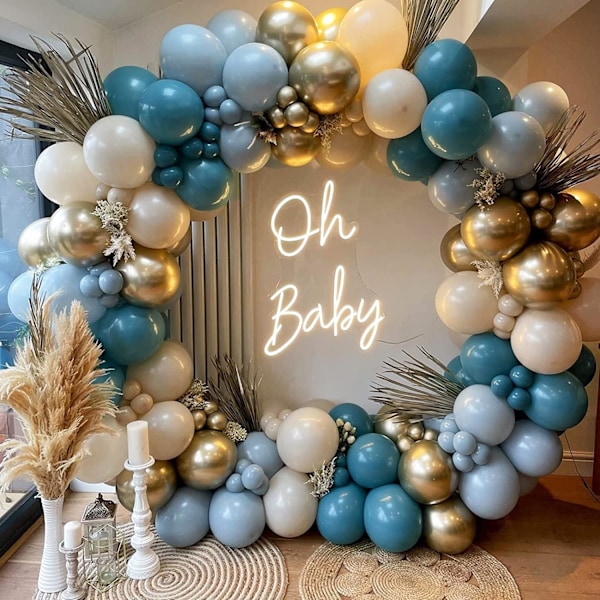 Dusty Blue Ballong Garland Kit, 140 st Fog Blue Royal Blue Pastel Blue Sand White Metallic Gold latexballonger för pojke B