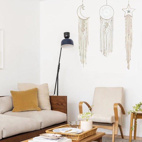 3-delad drömfångare väggbonad i macramé, boho väggdekoration sol måne