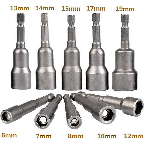 10 stk. 6-19mm Skruetrækker Sokkel - Bits Adapter, Hex til Hånd D