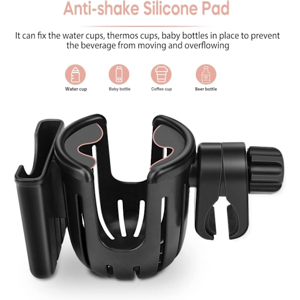 Barnevognkoppholder, 2 i 1 telefonholder, 360 graders roterende kopp